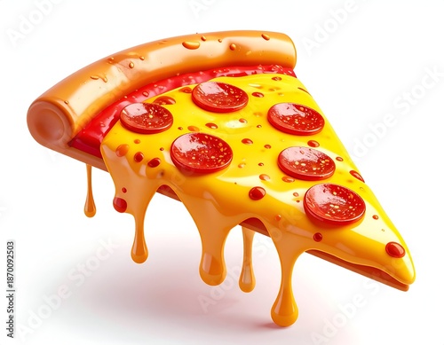 A single cartoon slice of pizza with cheese dripping down