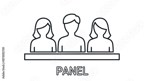 Simple line drawing depicting three people positioned behind a labeled panel