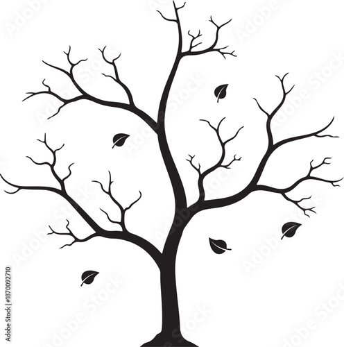 Silhouette of a bare tree in autumn with falling leaves