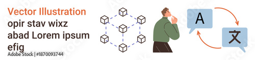 Blockchain technology, language translation, artificial intelligence, global connectivity, digital communication, innovation. Person thinking, cubes and speech bubbles with translation symbols