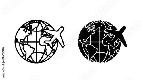 Vector illustration of a globe with an airplane, symbolizing global travel and aviation, on transparent background