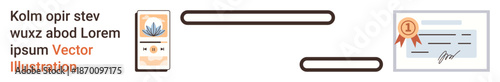 Digital access, certifications, remote authentication, document validation, modern credentials, education verification. Smartphone and certificate with an award badge. Digital access