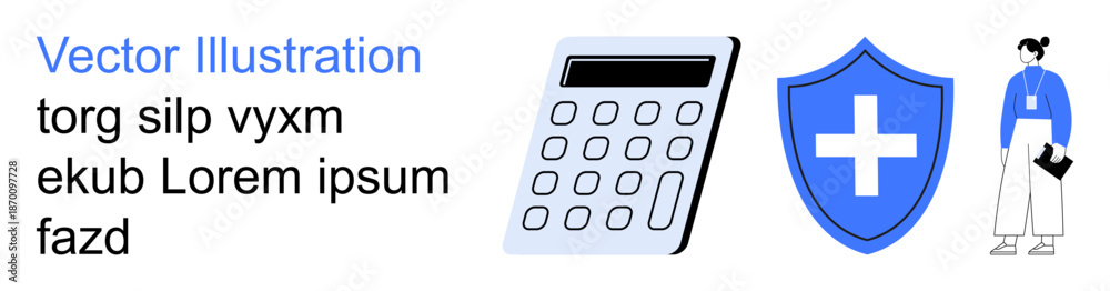Obraz premium Financial planning, health insurance, medical protection, business accounting, professional services, corporate concepts. Calculator, medical shield and person in formal attire. Health insurance