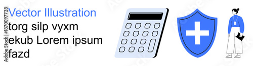 Financial planning, health insurance, medical protection, business accounting, professional services, corporate concepts. Calculator, medical shield and person in formal attire. Health insurance