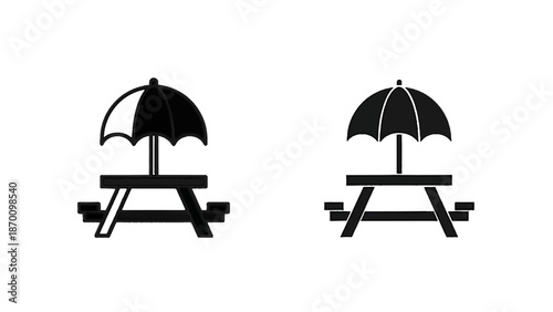 Vector illustration of picnic table with sun umbrella icon for outdoor leisure, on transparent background