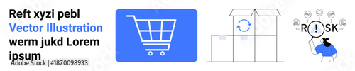 E-commerce, logistics, risk analysis, online shopping, supply chain, product delivery. Blue shopping cart, package with recycling symbol risk analysis icon. E-commerce and logistics