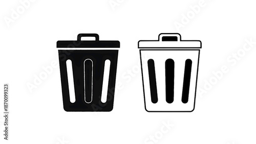 Vector illustration of a trash can icon set, including solid and outline designs, on transparent background for digital deletion symbols