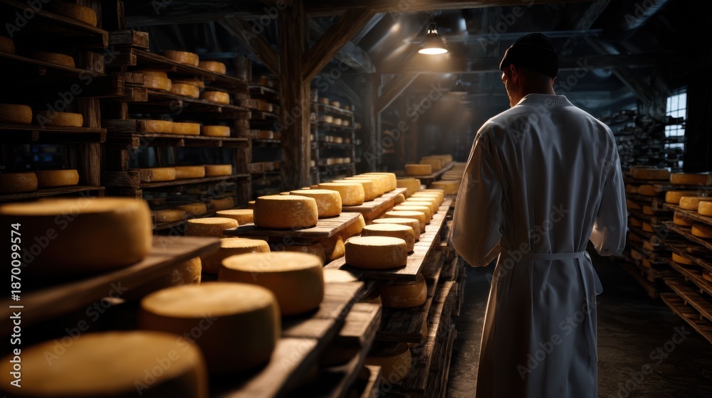Fototapeta premium Cheesemaker inspects aging cheese wheels on wooden racks in a warm-lit artisanal dairy, emphasizing traditional craftsmanship and quality assurance.