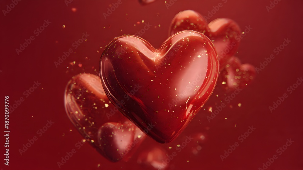 Fototapeta premium Floating glossy red hearts adorned with golden sparkles on a matching red background create a romantic and festive atmosphere perfect for Valentine's Day cards.