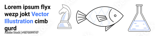 Education, science, strategy, creativity, experimentation, logical thinking. Chess knight, fish and beaker drawn in minimal lines. Education and science concept combining logical and creative