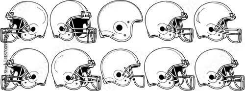Set of American football helmets Outline vector illustration isolated On Transparent Background
