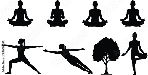 Silhouettes of yoga poses including meditation, warrior, tree pose, and nature tree illustration for mindfulness and balance