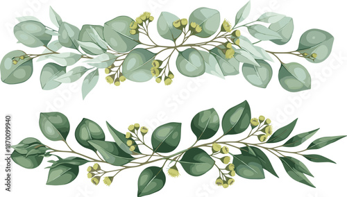 Botanical border illustration with green leaves and yellow flowers in decorative arrangements for design and invitations