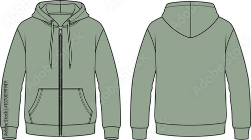 Technical fashion illustration of zip-up hoodie with drawstring hood, kangaroo pocket, ribbed cuffs, and back view design