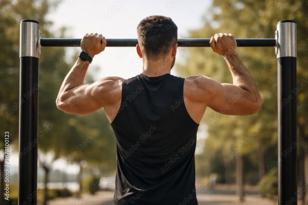 Fototapeta premium A muscular man performing pull-ups at an outdoor gym, showcasing his strength and determination on a sunny day.