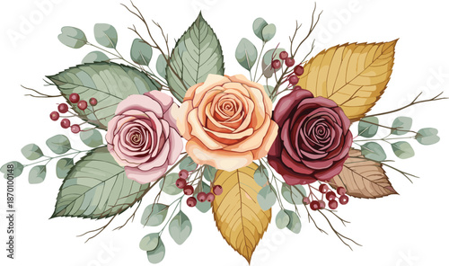 Floral arrangement with roses, green leaves, golden foliage, and red berries in decorative botanical illustration design