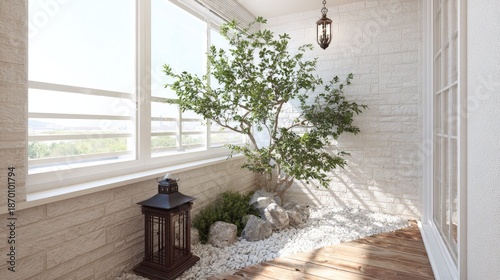 Bright sunlit enclosed balcony features a small indoor garden area with stone elements