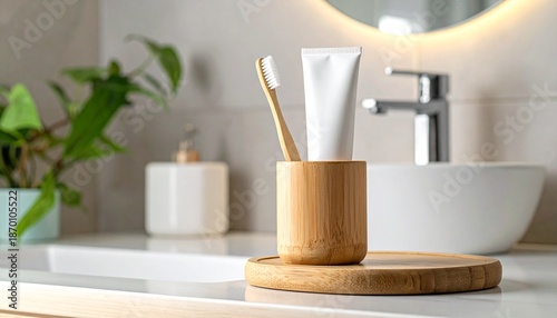 Eco-friendly bamboo toothbrush and white toothpaste tube in a wooden holder on a bathroom counter, promoting sustainable oral hygiene.