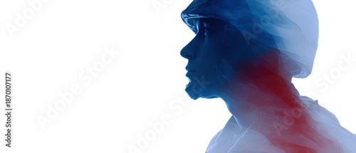 Double exposure soldier profile silhouette patriotic blue red white minimal gradient. Double exposure soldier profile silhouette with patriotic blue red white gradient, calm mood, minimal