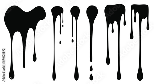 Black liquid drips and splatters illustration on white background.