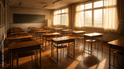 夕方の光が差し込む誰もいない教室｜Empty Classroom in Warm Sunlight Generative AI