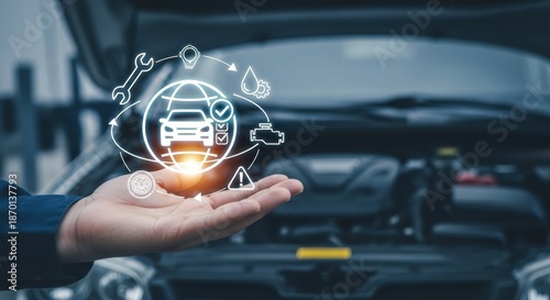 Close-up of a hand holding a digital network of car service icons with a globe at its center. Auto repair concept.