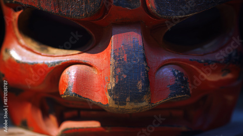 Intricate Craftsmanship of a Vibrant Red Mask Showcasing Ancient Artistry and Cultural Legacy in Natural Sunlight