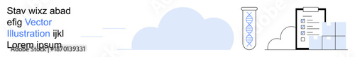Biotechnology, research, laboratory work, genetic analysis, cloud computing, data storage. A DNA test tube with a cloud and digital documents. Biotechnology and genetic analysis concepts