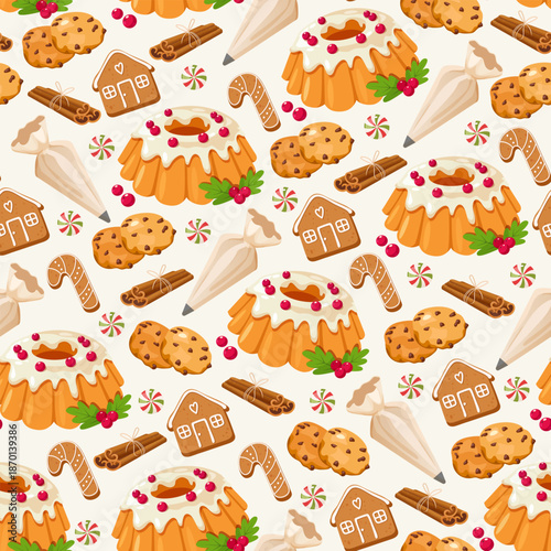 Christmas sweets seamless pattern with festive cakes, cookies, gingerbread houses, candy canes, cinnamon sticks and piping bags on light background, cozy winter holiday dessert print
