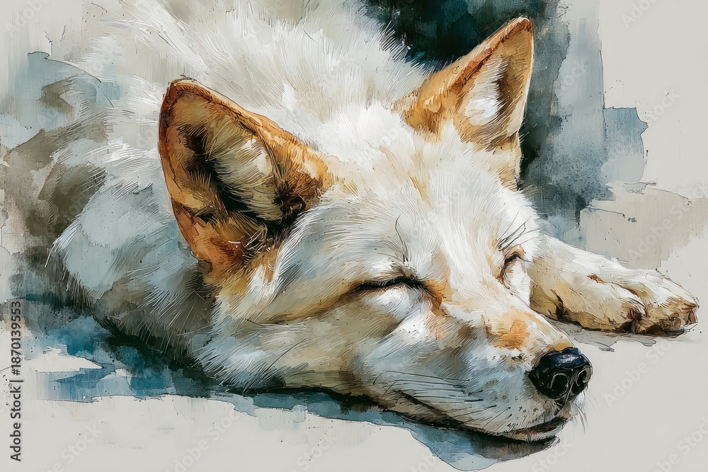 Naklejka premium An artistic illustration of a sleeping fox, executed in a painterly style with expressive brushstrokes and a soft color palette. 