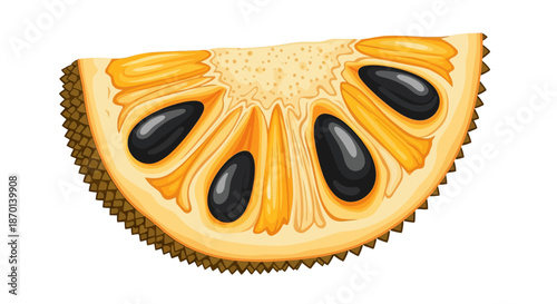 A cross-section of a ripe jackfruit revealing its sweet, fleshy pods and large, dark seeds.