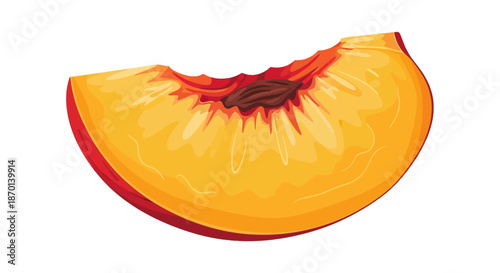 A vibrant, juicy slice of ripe peach, showcasing its golden flesh and reddish skin with a hint of its dark brown pit.