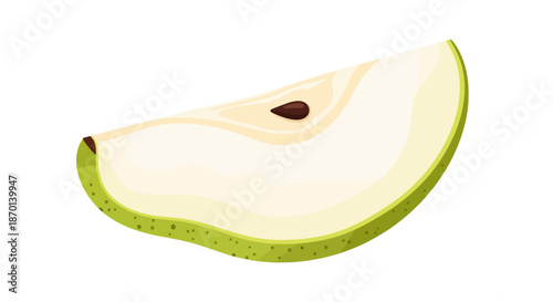 A vibrant green pear slice with a visible seed, showcasing its fresh and juicy texture.