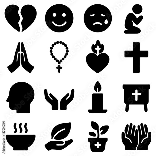 Emotional & Spiritual Icons: a collection of diverse symbolic illustrations representing various human feelings and spiritual elements, conveying faith, compassion, and inner peace.