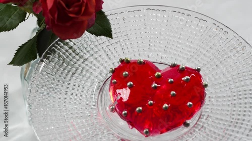Red heart-shaped Jelly Dessert with Roses on Elegant Table Setting