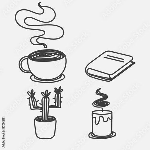 hand drawn doodle hot drink book cactus and candlelight aroma illustration collection