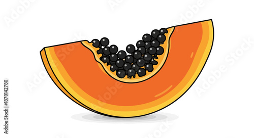A vibrant cartoon illustration of a single slice of ripe orange papaya with black seeds, isolated on a white background.