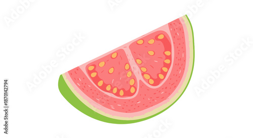 Vibrant pink guava fruit slice with visible seeds, isolated on a white background, showcasing its fresh and juicy texture.