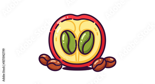 A cartoon illustration of a red coffee cherry cut open to show two green beans, with roasted beans scattered around.