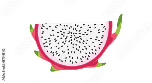 Vibrant illustration of a half-cut dragon fruit showing its white flesh and black seeds.