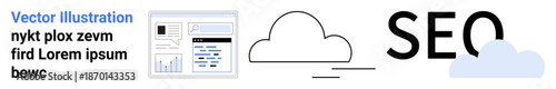 SEO strategy, cloud computing, digital marketing, online analytics, technology innovation, data management. Visual of cloud graphic, analytics interface and large SEO text. SEO strategy and cloud