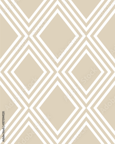 Bold bege and white geometric pattern with repeating diamond lines. Modern, high-contrast design ideal for fashion fabrics, apparel manufacturing, interior design, and contemporary surface patterns.