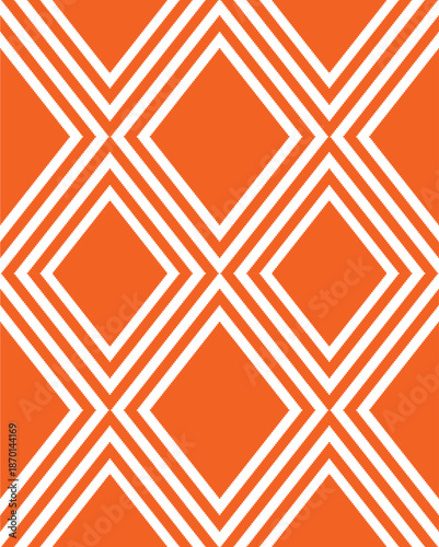 Bold orange and white geometric pattern with repeating diamond lines. Modern, high-contrast design ideal for fashion fabrics, apparel manufacturing, interior design, and contemporary surface patterns.