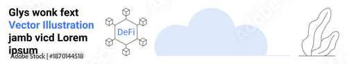 Blockchain, DeFi technology, financial networks, decentralized systems, innovation, digital finance. Visual elements include connected nodes, a cloud silhouette and a plant outline. Blockchain