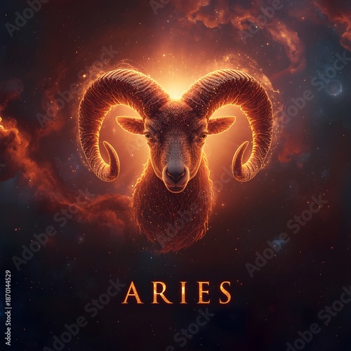 Aries Horoscope Symbol with Fiery Cosmic Energy. 