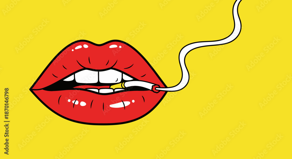 Obraz premium A vibrant, close-up illustration of bright red lips with a cigarette held between them, with smoke trailing upwards against a solid yellow background.