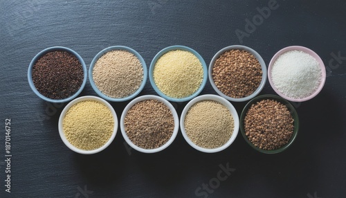 Diverse grains arranged in bowls, studio shot, food photography style, highlighting variety, texture, and dietary options on dark background.