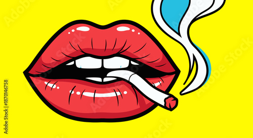 Pop art illustration of vibrant red lips holding a cigarette with smoke curling upwards against a bright yellow background.