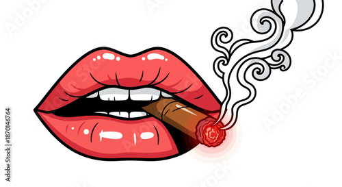 Cartoon illustration of glossy red lips holding a lit cigar with smoke curling upwards on a white background.