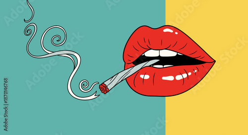Close-up illustration of red lips smoking a cigarette with smoke swirling against a split teal and yellow background.